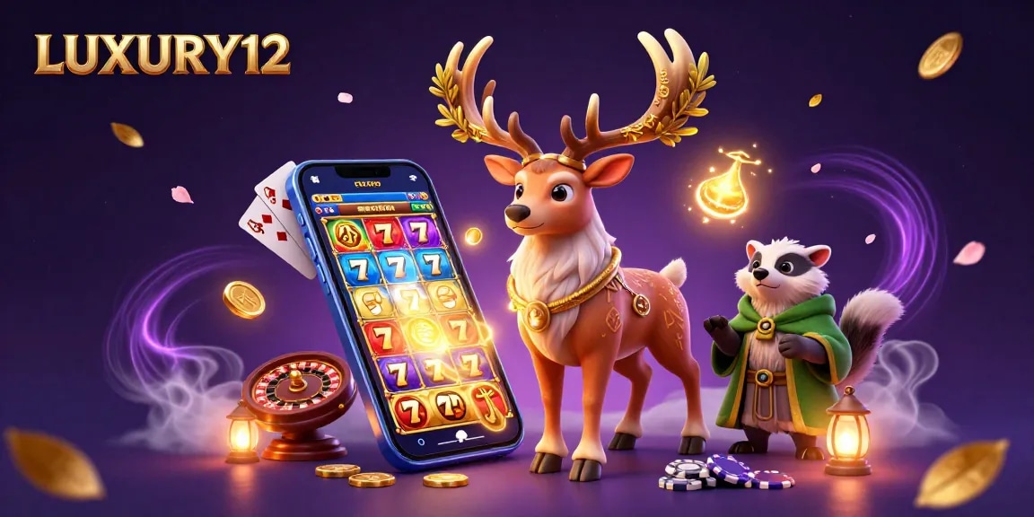 LUXURY12 showcases a vibrant scene of gaming excitement with lively characters and gambling elements.