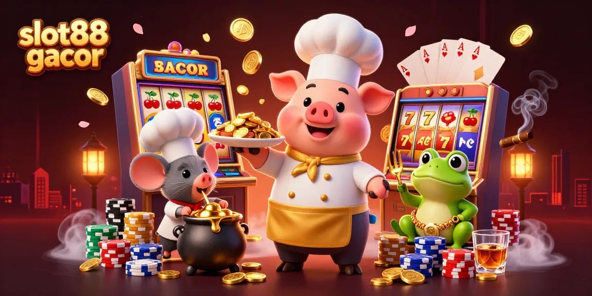 Gambarlah slot88 gacor dengan karakter koki babi, tikus, dan katak yang menghidangkan koin emas.