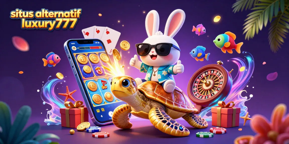 Situs alternatif luxury777 menampilkan ilustrasi kasino 3D ceria dengan kelinci beruntung dan kura-kura emas.