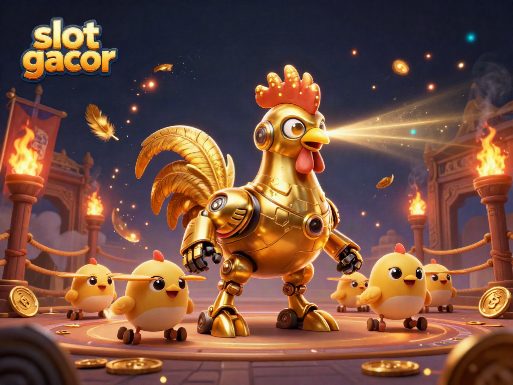 Visualisasi menarik tentang slot gacor dengan karakter robot ayam dan cetakan emas di arena permainan.