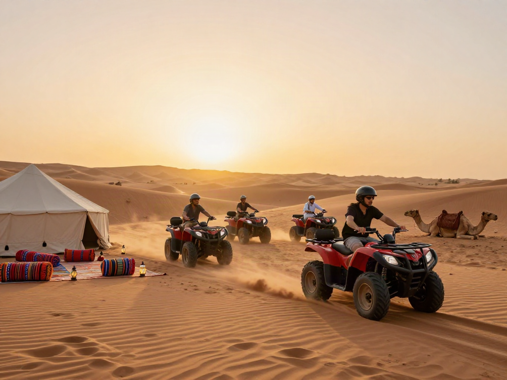 Slot gacor adventure at a stunning desert oasis with friends enjoying ATV rides and cultural experiences.