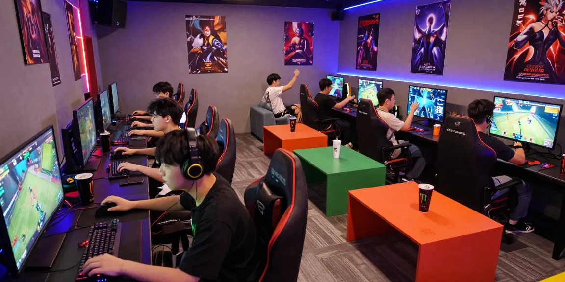 Hit club gaming tournament scene with players immersed in competitive gameplay, vibrant atmosphere enhanced by neon lights.