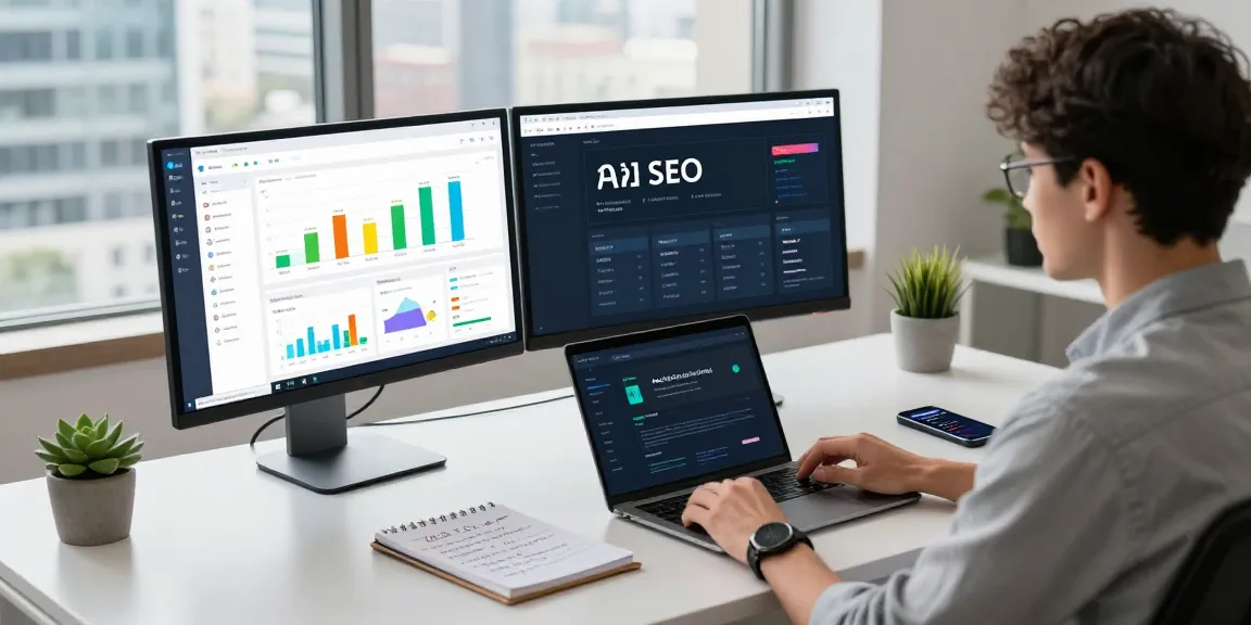 SEO specialist using AI SEO tools in a modern workspace for efficient digital marketing.