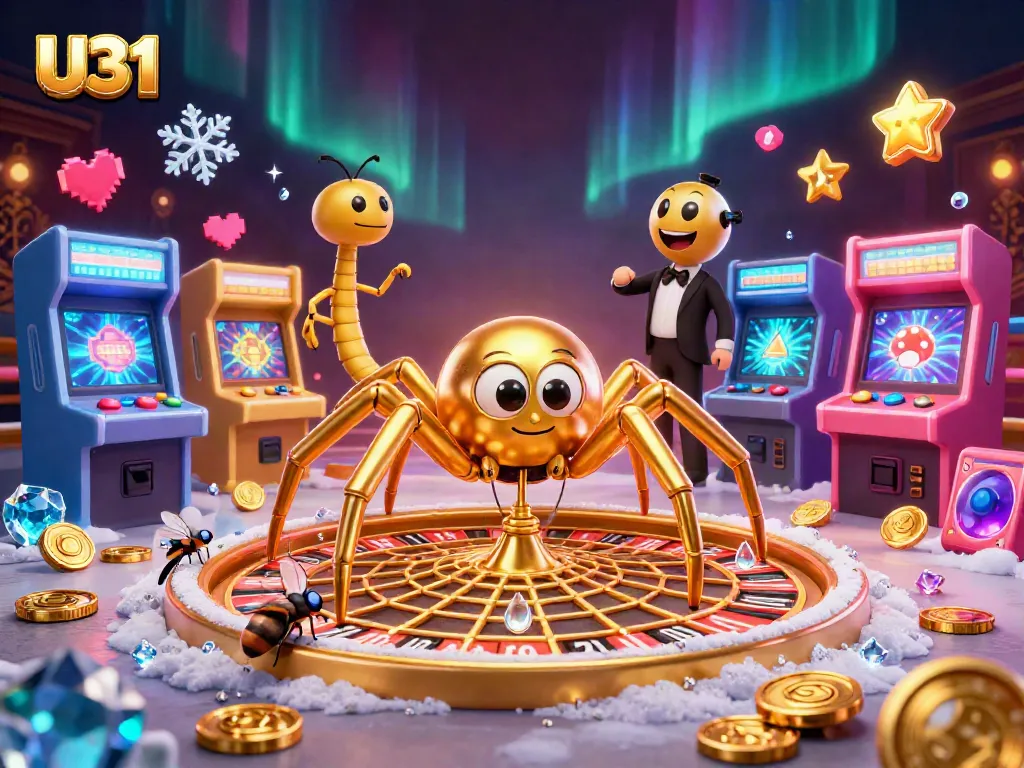 Engage with U31 as a golden spider spins a roulette wheel web during exciting casino action.
