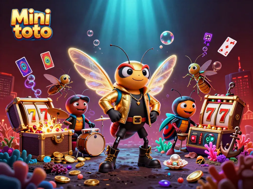 Ilustrasi Mini toto menampilkan karakter 3D ceria seperti rock star dengan elemen mesin slot dan harta karun.