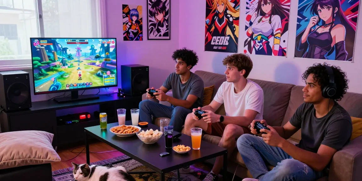 Friends enjoying a lively session playing the latest hentai game online in a cozy living room.