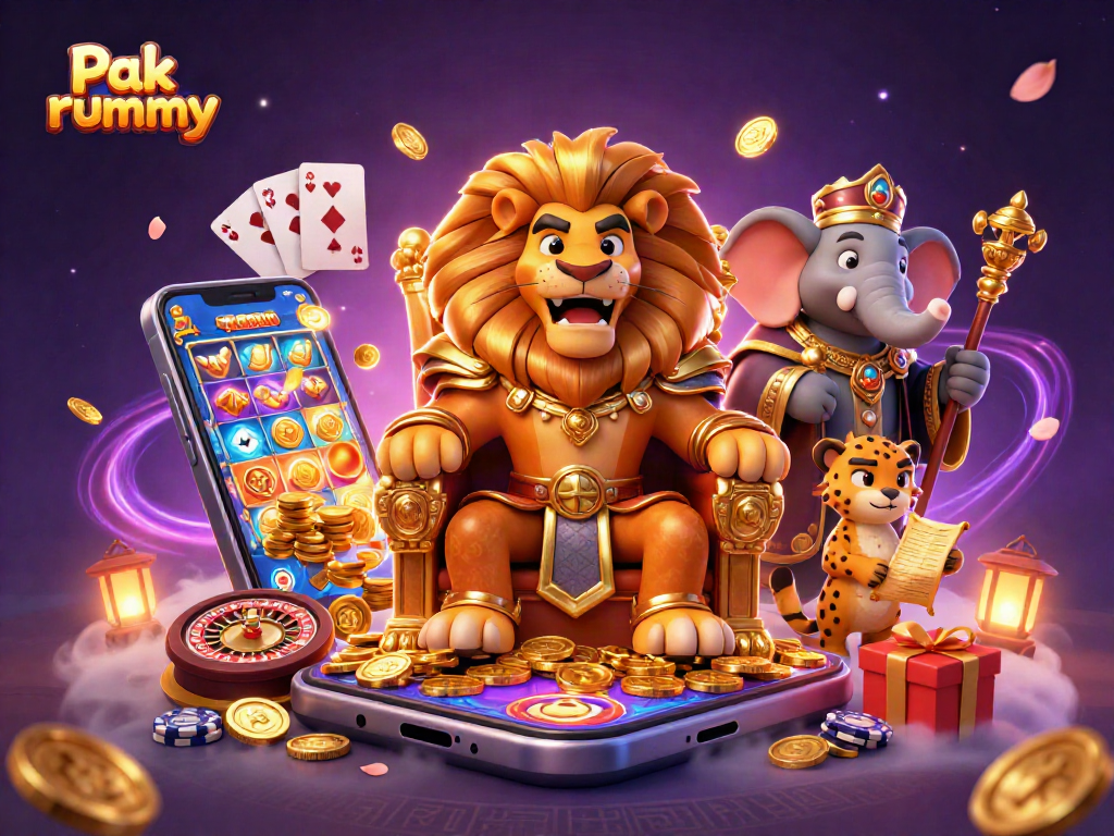 Experience the thrill of Pak rummy with vibrant casino elements and majestic characters in an enchanting scene.