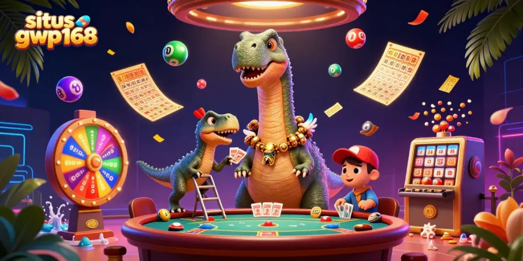 Menggambarkan pengalaman fantastis di situs gwp168 dengan dinosaur dan elemen kasino yang berwarna-warni.