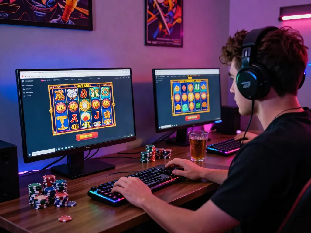 Player engaged in the thrilling raja slot game with colorful graphics and casino elements in a cozy gaming room.