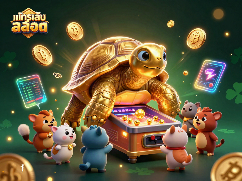 Experience thrilling ทดลองเล่นสล็อต action with a golden tortoise pinball machine surrounded by animated characters.