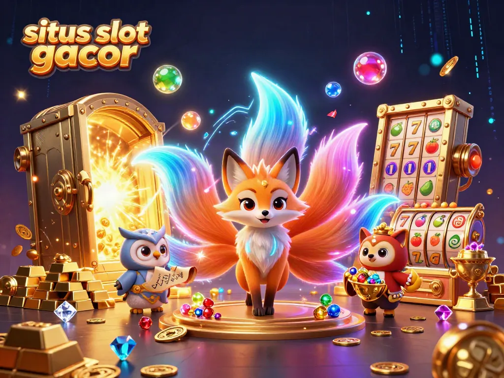 Menangkan jackpot dengan situs slot gacor, ilustrasi kaya elemen kasino dan suasana energik.