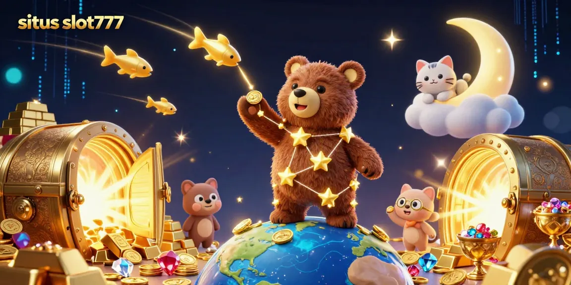 Engage with the vibrant world of situs slot777 as a constellation bear scoops up coins, illustrated in a captivating 3D scene.