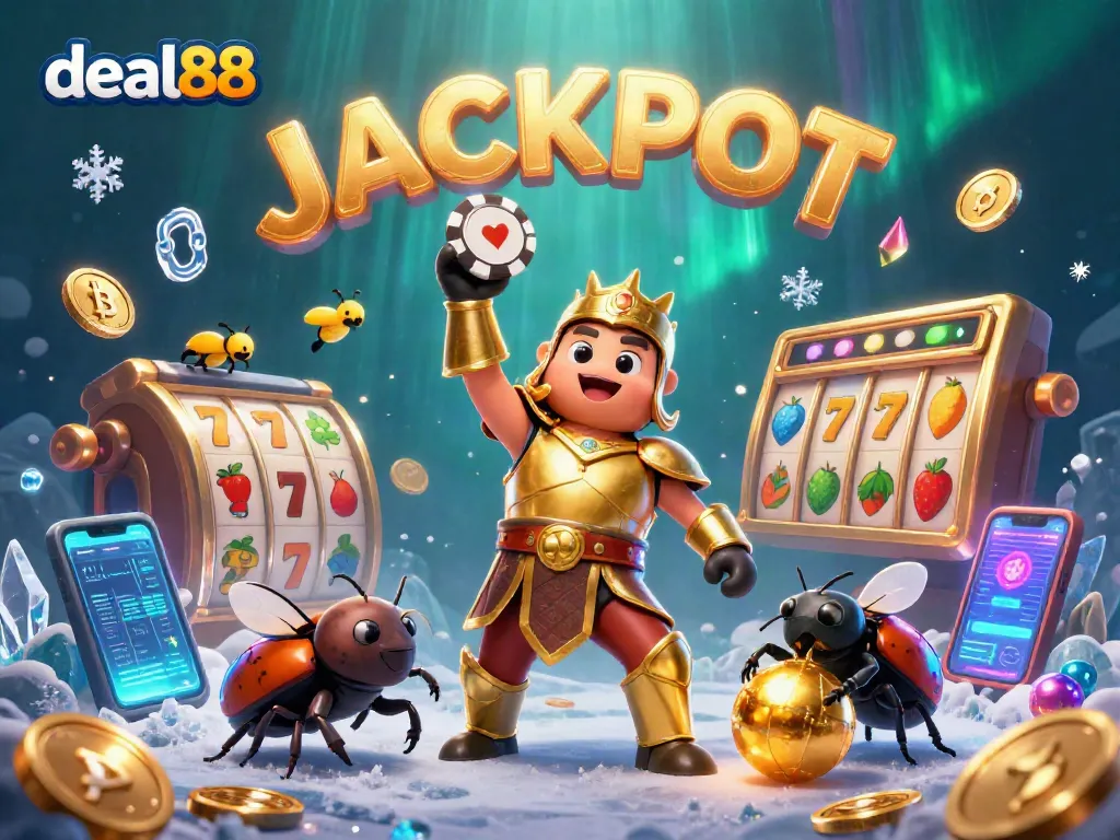 Engage with deal88's exciting jackpot scene featuring dynamic slot reels and a heroic beetle