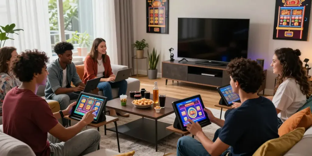 Friends enjoying slot games in a lively home entertainment setup