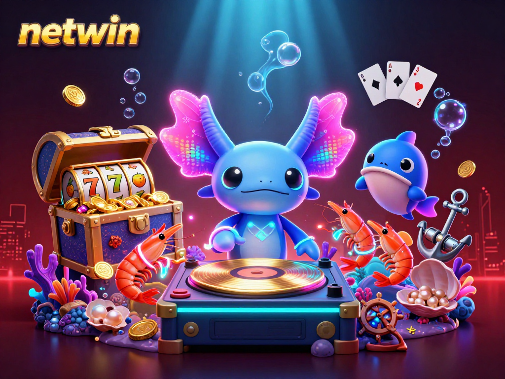 Experience thrilling gameplay with netwin's vibrant casino scene featuring a DJ axolotl and glowing treasures.