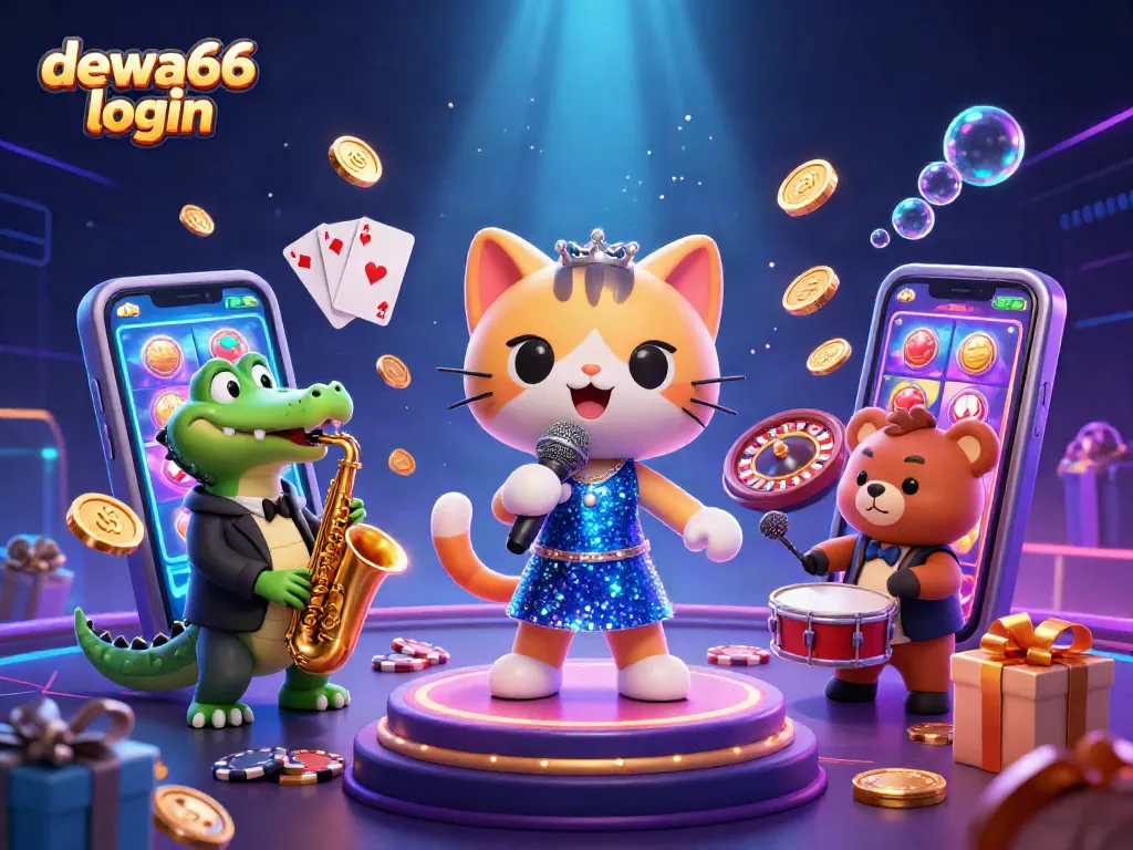 Engage with dewa66 login as 3D characters celebrate casino games with vibrant colors.