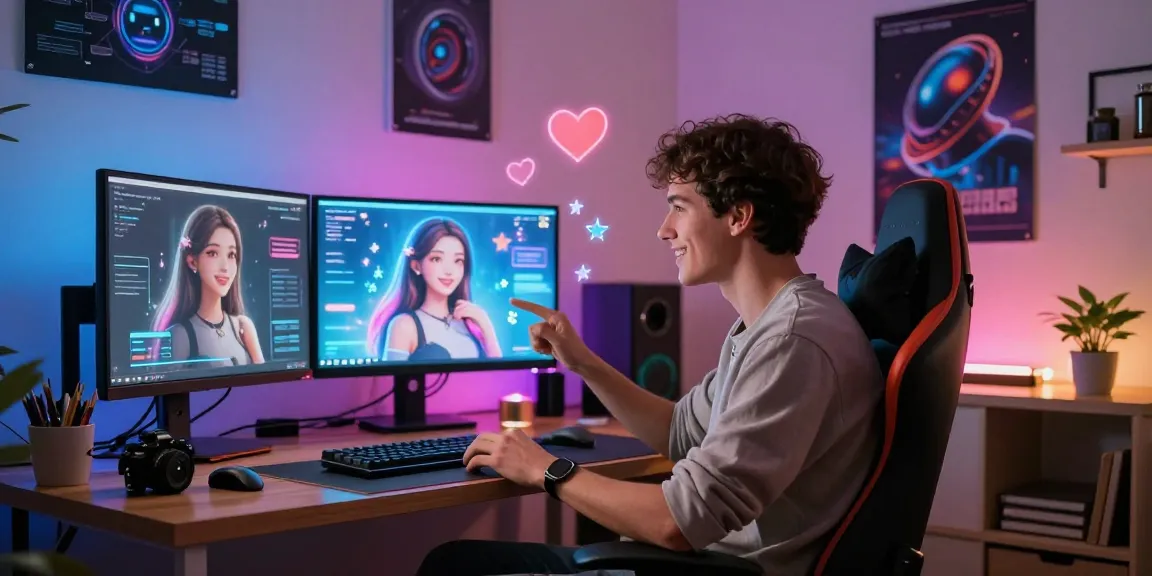 Engaging scene of a user interacting with a lifelike NSFW AI girlfriend in a cozy virtual office setting.