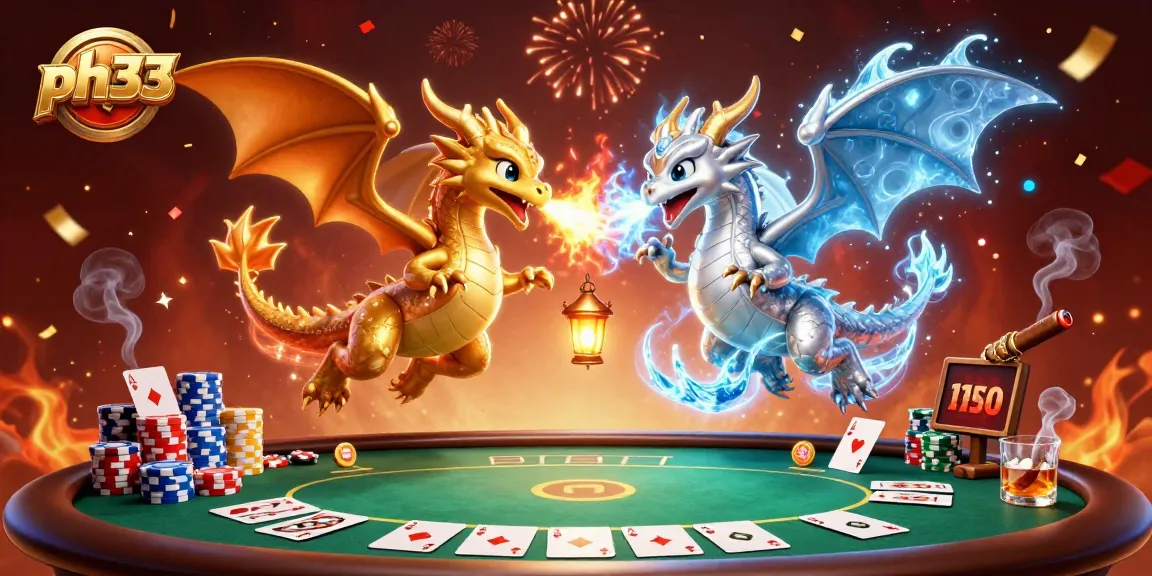 Experience thrilling gaming at ph33 with 3D dragons battling among poker elements and vibrant casino atmosphere.