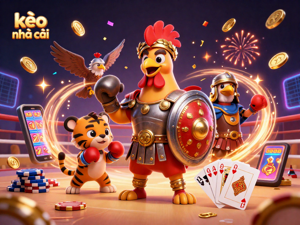 Experience thrilling kèo nhà cái with a vibrant 3D gladiator rooster in a dynamic gaming scene.