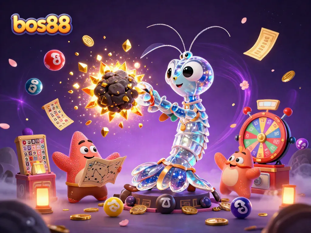 Experience bos88's gaming excitement with a vibrant illustration of casino-themed elements and characters.