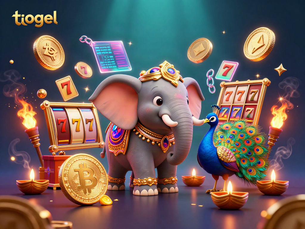 Engage in togel gaming with a vibrant 3D illustration of an ornate elephant and peacock amidst slot reels and crypto coins.