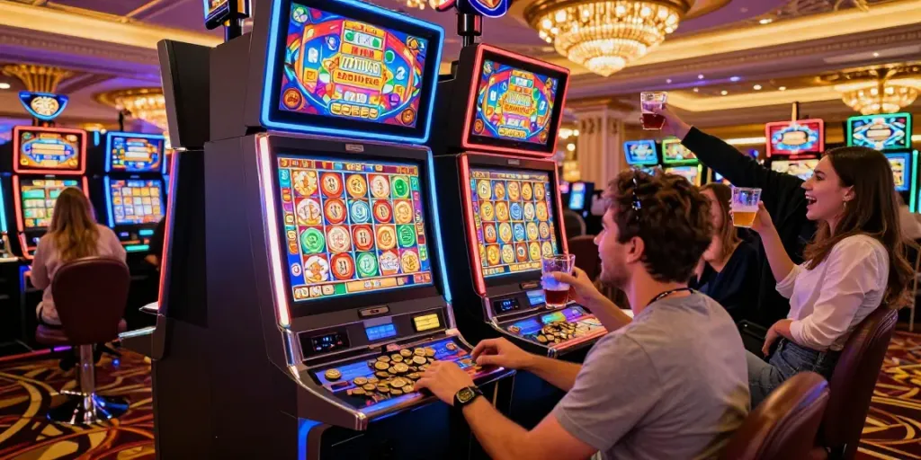 Exciting slot maxwin experience in a lively casino with colorful lights and jackpot symbols.