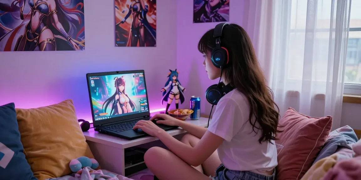 Engaging female gamer plays a vibrant female hentai game in her cozy bedroom.