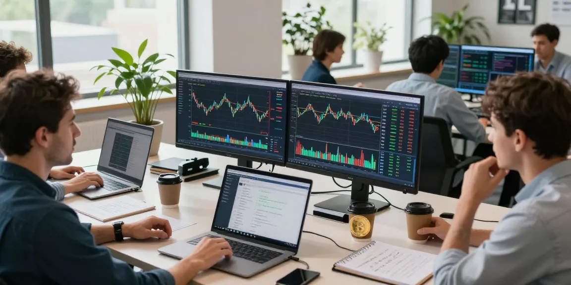 Командная работа трейдеров на криптобирже BitMEX, анализирующих отзывы bitmex на экранах.