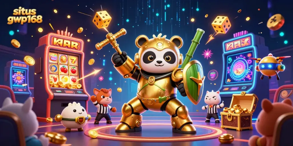 Permainan casino live situs gwp168 dengan karakter 3D unik dan elemen menarik di latar belakang.
