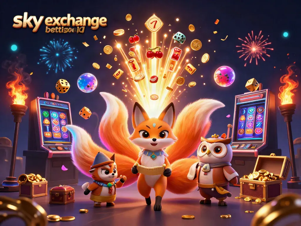 Experience the thrill of sky exchange betting id in this vibrant 3D illustration with a glowing nine-tailed fox and jackpot symbols.