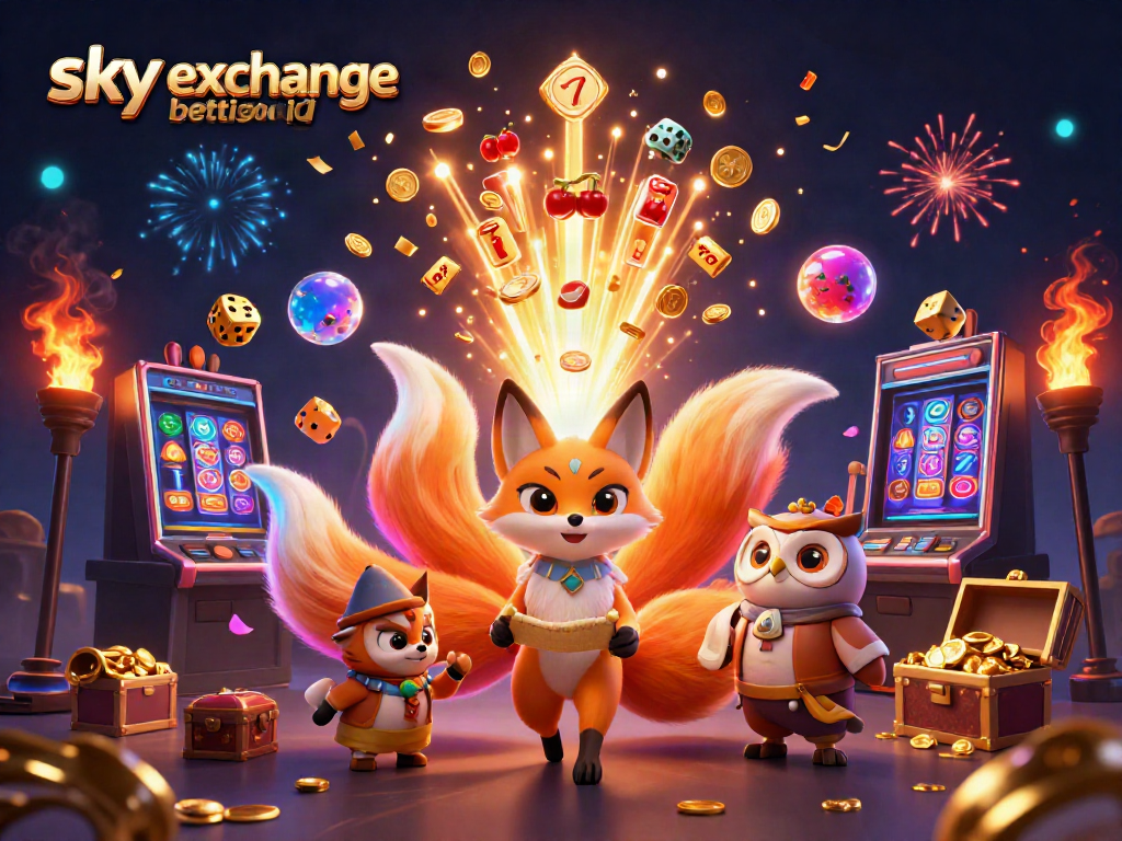 Experience the thrill of sky exchange betting id in this vibrant 3D illustration with a glowing nine-tailed fox and jackpot symbols.