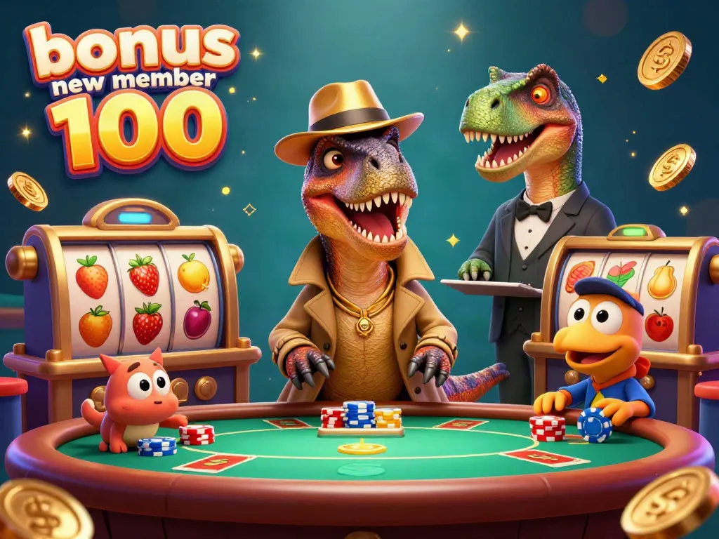 Engaging scene with a velociraptor card counter and a pit boss showcasing bonus new member 100 at a casino table.