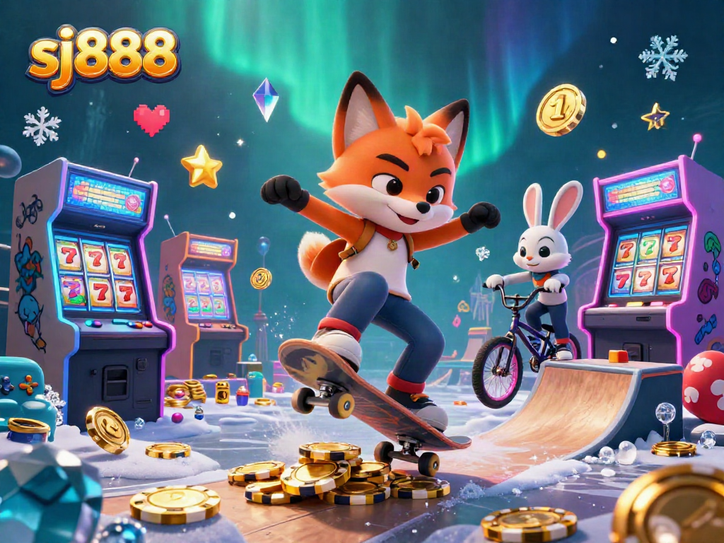 Experience sj888 action with a skateboarder fox and BMX rabbit in a casino-themed scene.