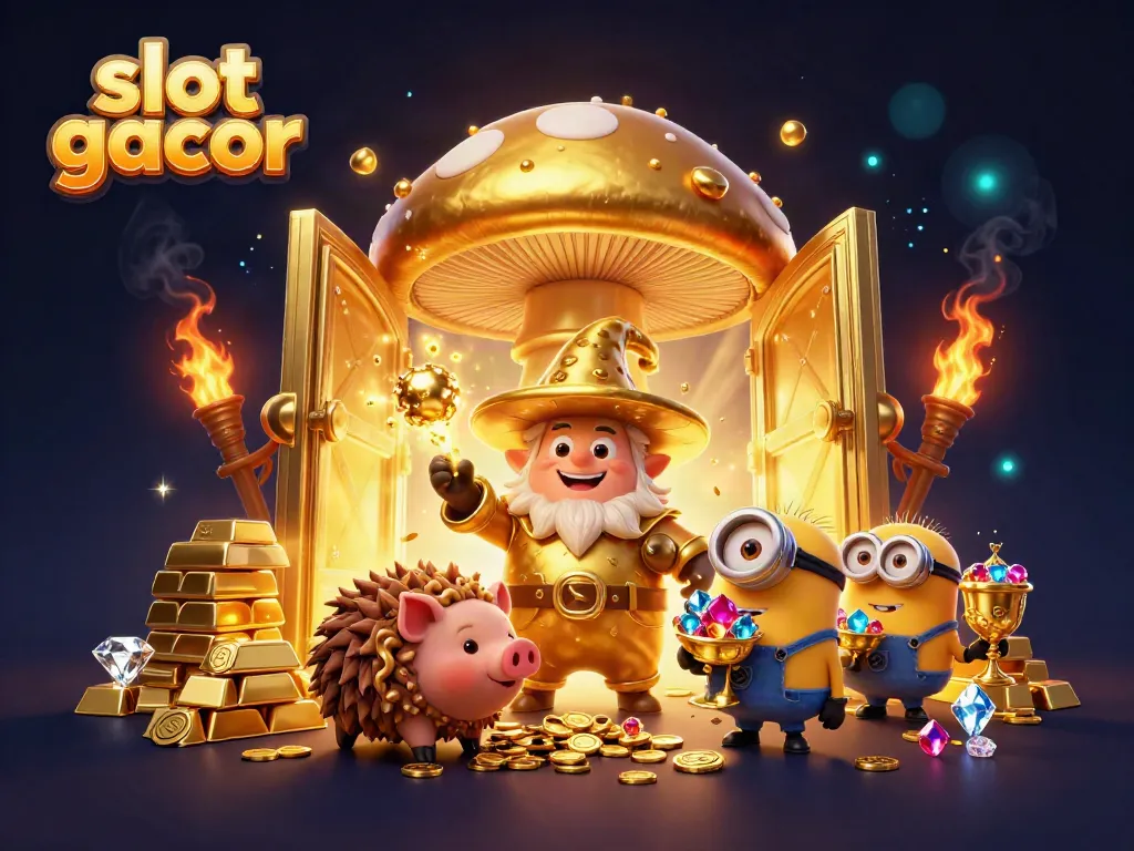 Visualizing slot gacor excitement with a magical golden wizard, treasures, and casino vibes.