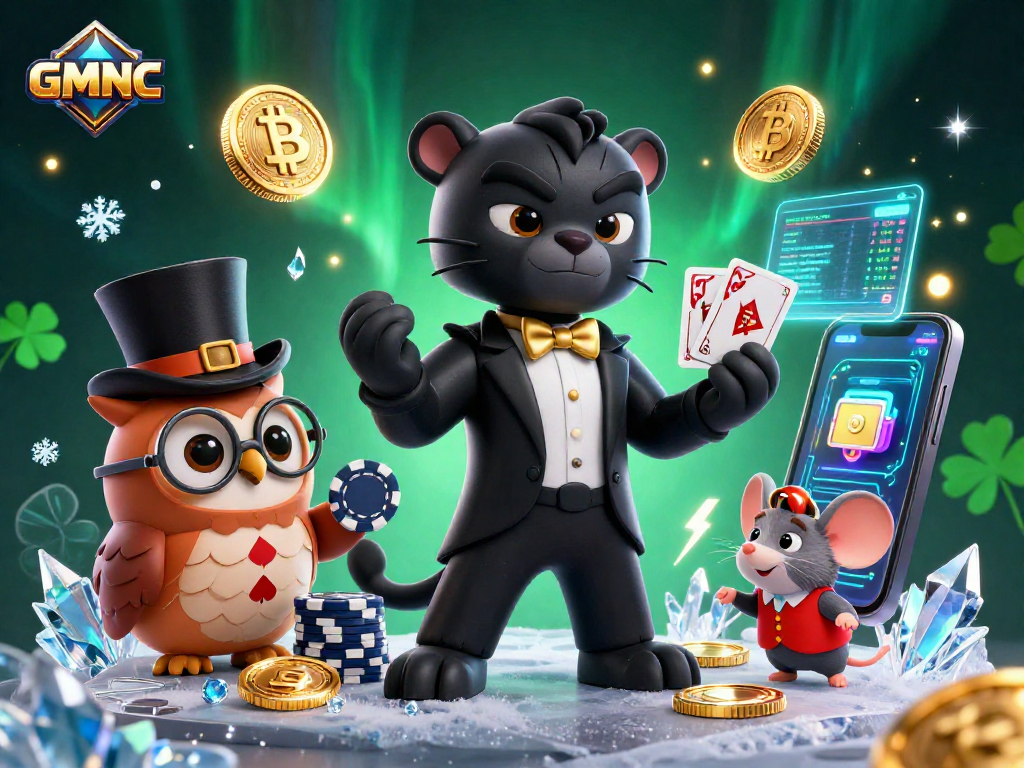 GMNC casino illustration featuring a tuxedo panther dealing cards, an owl with poker chips, and a lucky mouse among cryptocurrencies.