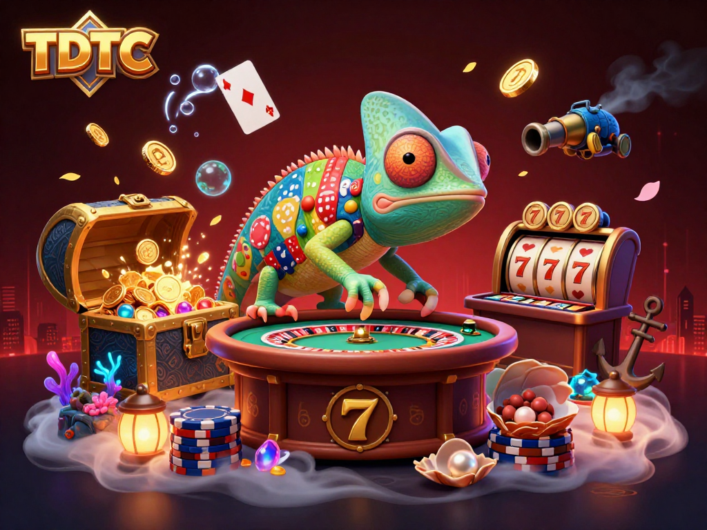 Engage with the vibrant TDTC casino scene featuring a colorful chameleon owner amidst exciting gaming elements.