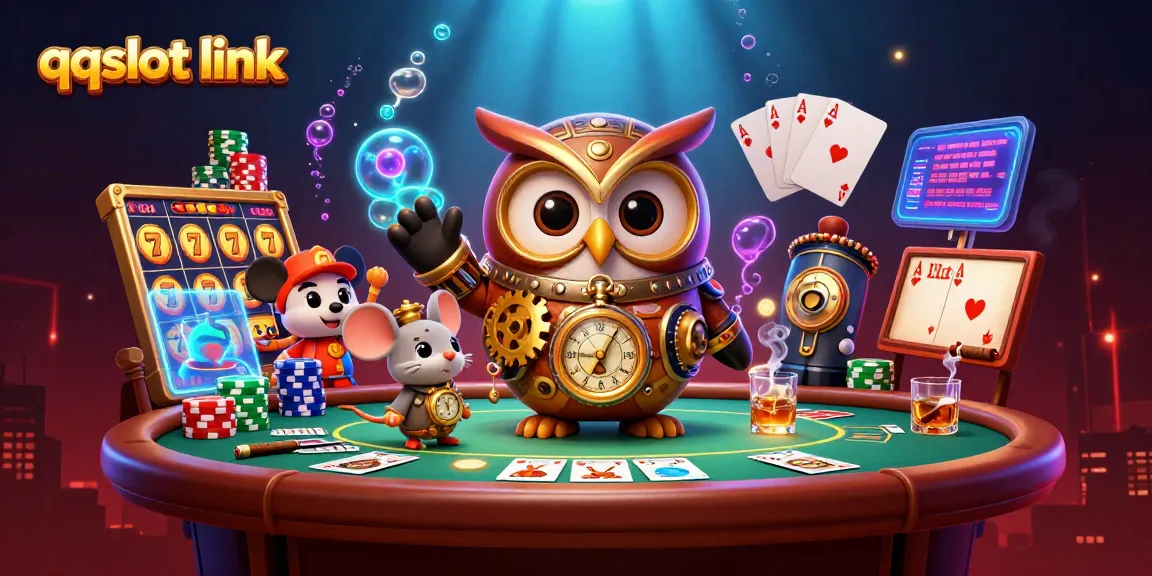 Experience thrills with the qqslot link, featuring a vibrant steampunk scene of classic casino elements.