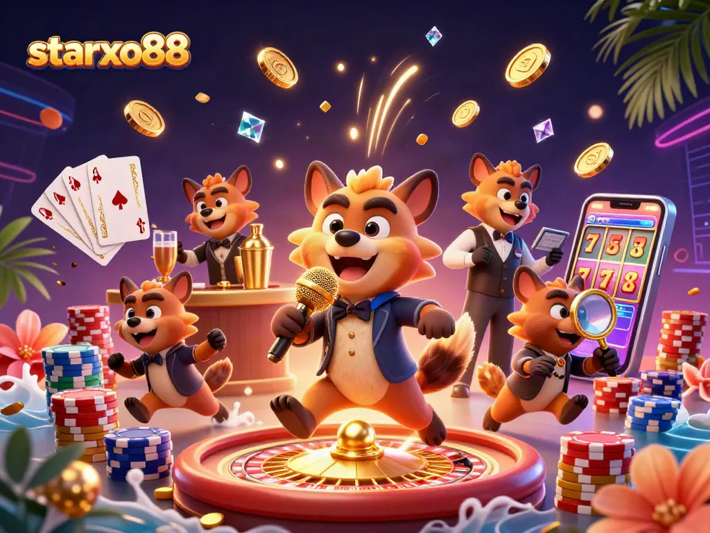 Experience the vibrant excitement of starxo88 with hyena characters in a lively casino scene