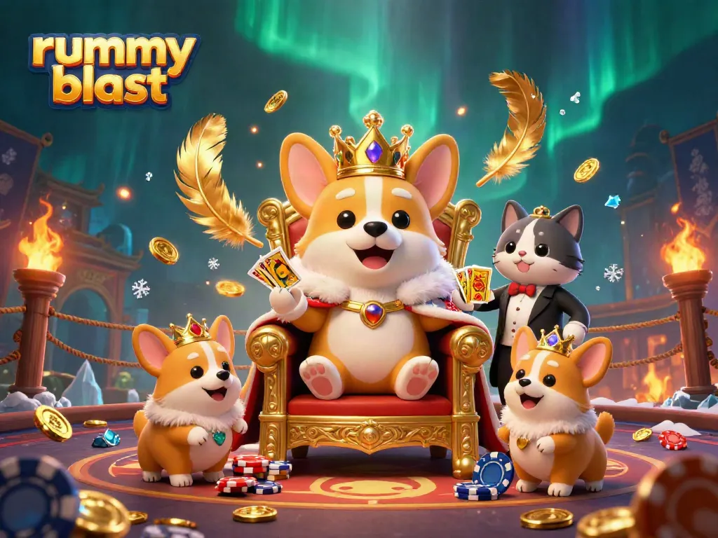 Experience the thrilling world of rummy blast with this vibrant 3D illustration featuring a royal corgi and a cat butler.