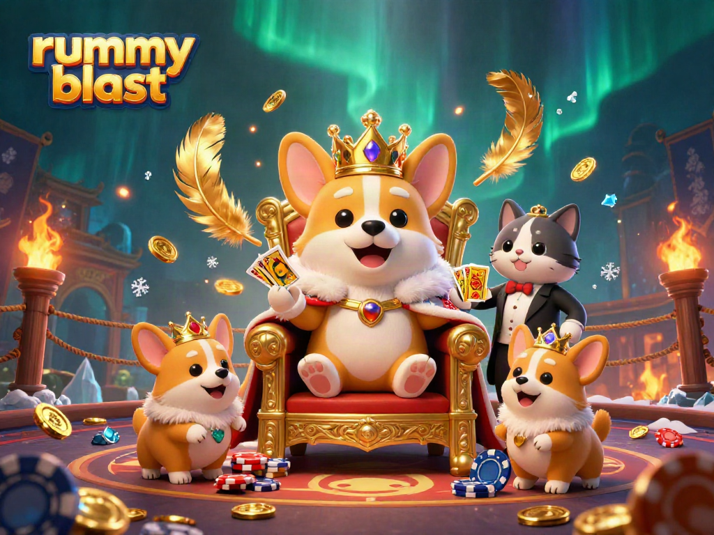 Experience the thrilling world of rummy blast with this vibrant 3D illustration featuring a royal corgi and a cat butler.
