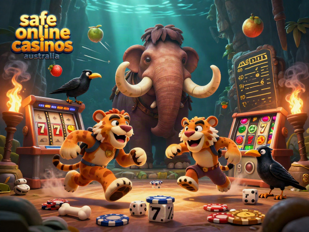 Experience safe online casinos Australia with a vibrant cartoon depiction of a prehistoric casino scene featuring a caveman duo.