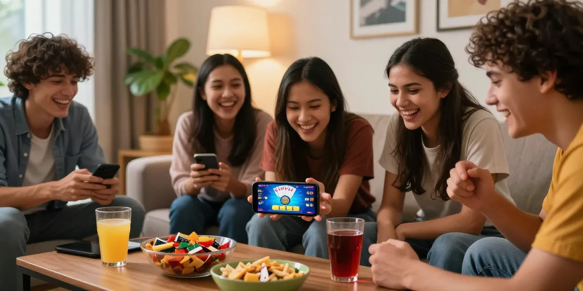 Friends playing Teen Patti Gold game on smartphone in a cozy living room.