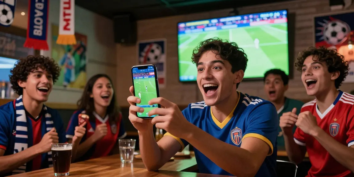 Excited football fan using smartphone to watch live match; ضغط هنا للمشاهدة for the latest scores and updates.