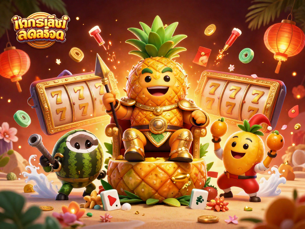 Experience ทดลองเล่นสล็อต with vibrant 3D characters featuring a pineapple king and dynamic casino elements.