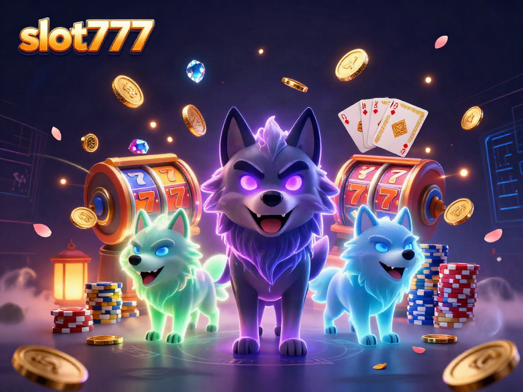 Win big with slot777 in this vibrant 3D gaming scene featuring energetic ghostly wolves and slot elements.