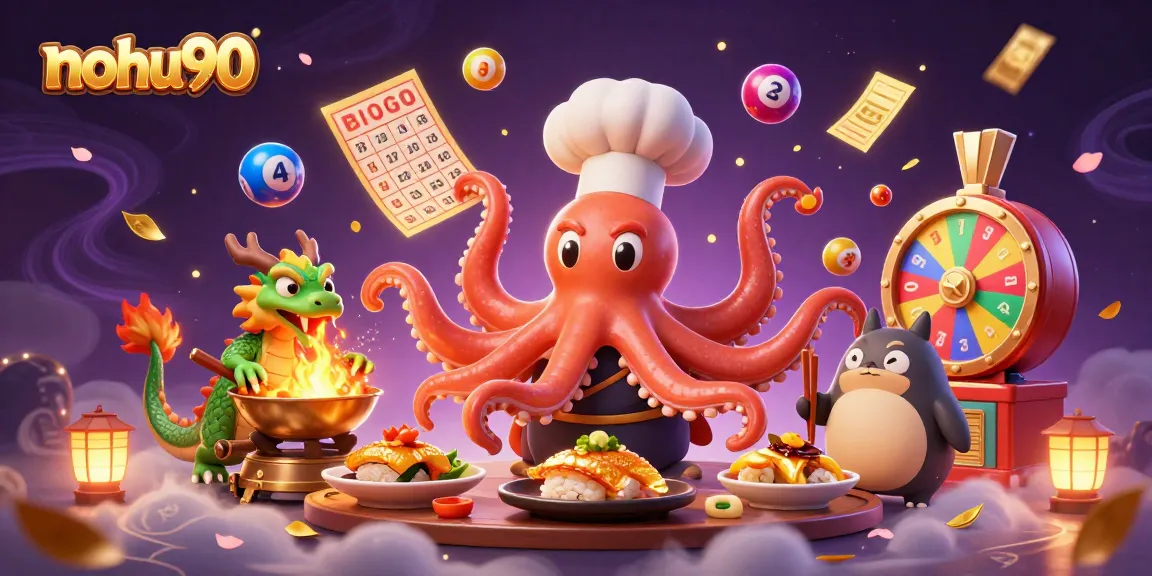 Experience the thrilling nohu90 jackpot games through a colorful illustration of a sushi chef octopus and fantastical characters.