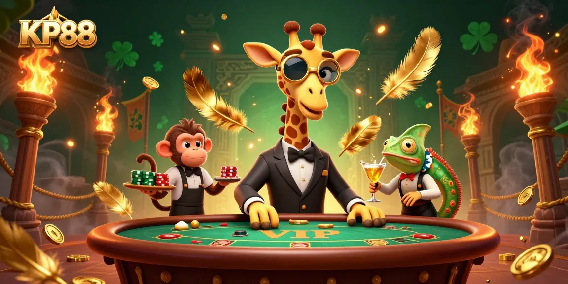 Experience winning strategies with KP88 at a vibrant casino setting featuring a high-roller giraffe and dynamic characters.