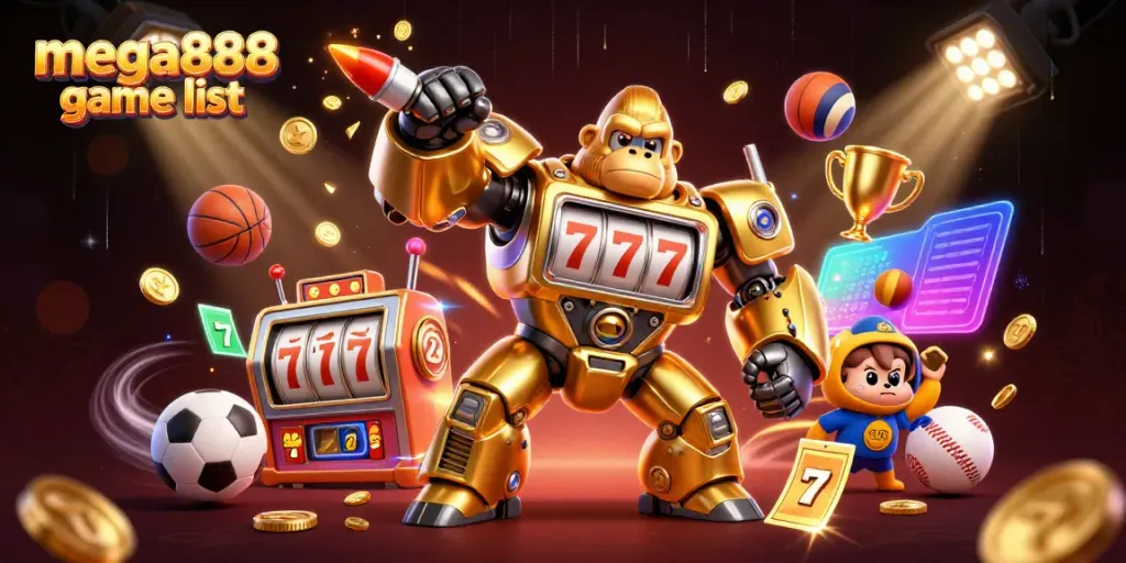 Engage with the dynamic mega888 game list featuring a dazzling 3D transformer gorilla mech surrounded by royal casino elements.