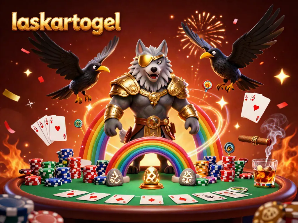Experience the dynamic energy of laskartogel's casino world with glowing rune elements and vibrant poker scenes.