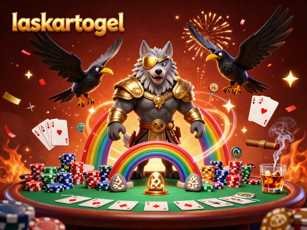 Experience the dynamic energy of laskartogel's casino world with glowing rune elements and vibrant poker scenes.